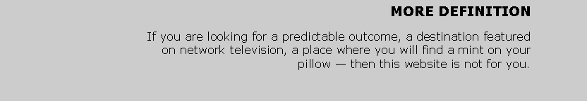 Text Box: MORE DEFINITIONIf you are looking for a predictable outcome, a destination featured on network television, a place where you will find a mint on your pillow — then this website is not for you.